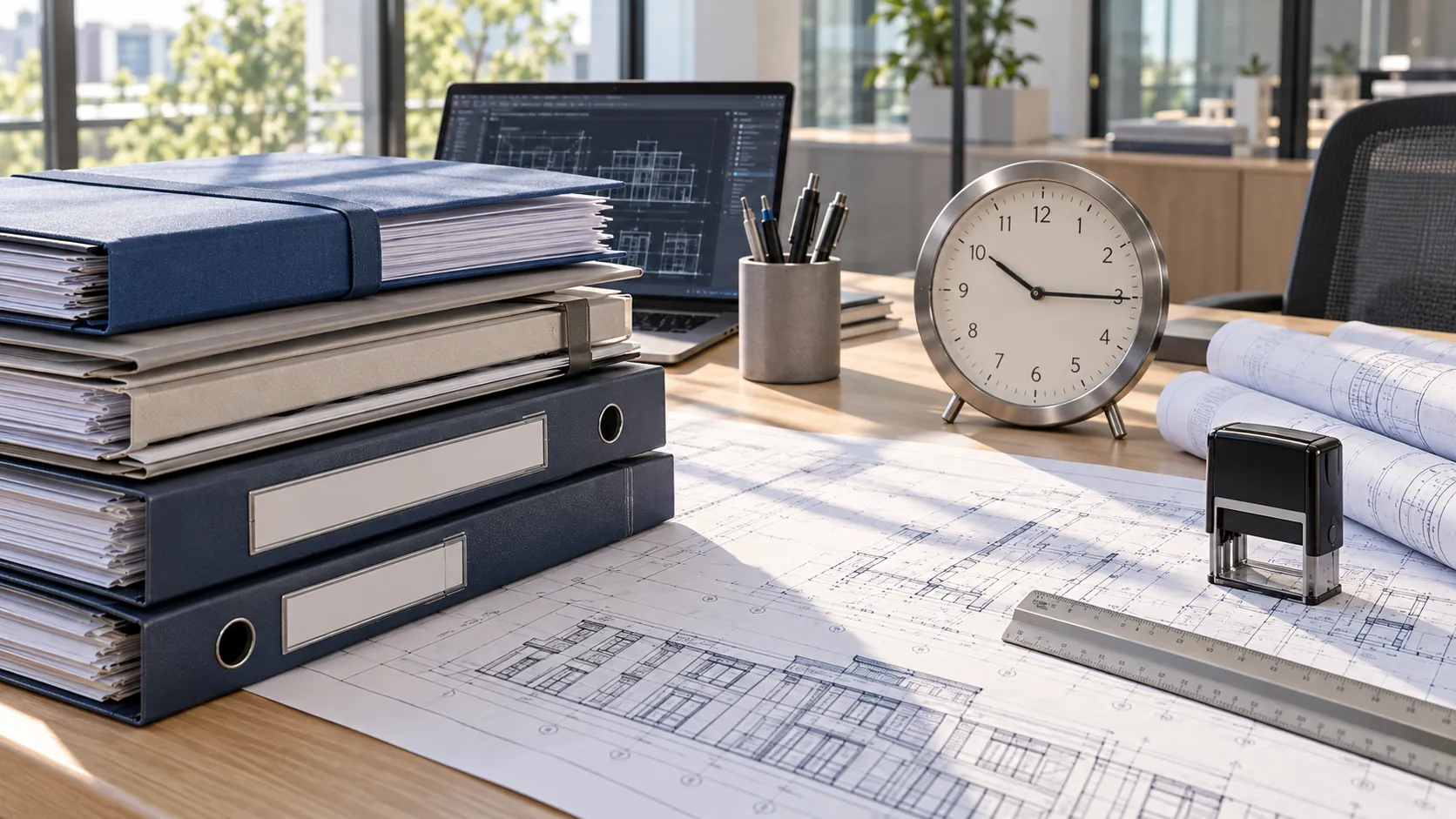 Modern architectural planning desk with project files, documentation, and blueprints